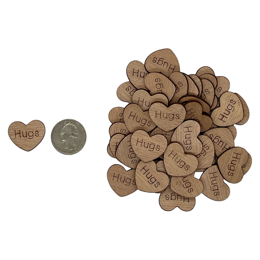 1 inch wood hearts with the word Hugs on them confetti